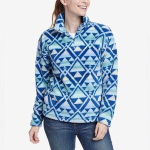 Eddie Bauer Women's Quest Plush Blue White Triangle Tree Print 1/4-Zip Size XS